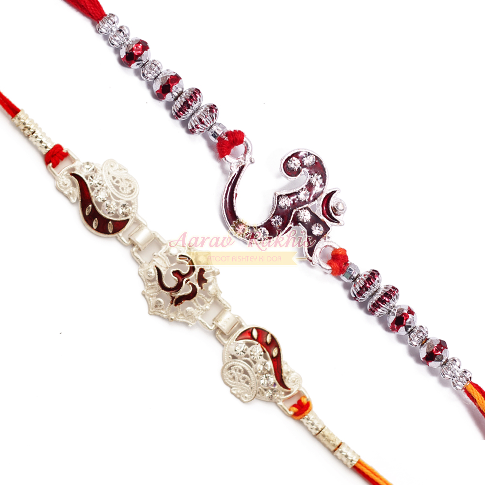 twin om silver rakhi set for brothers buy online rakhi set of 2 twin om silver rakhi set for brothers