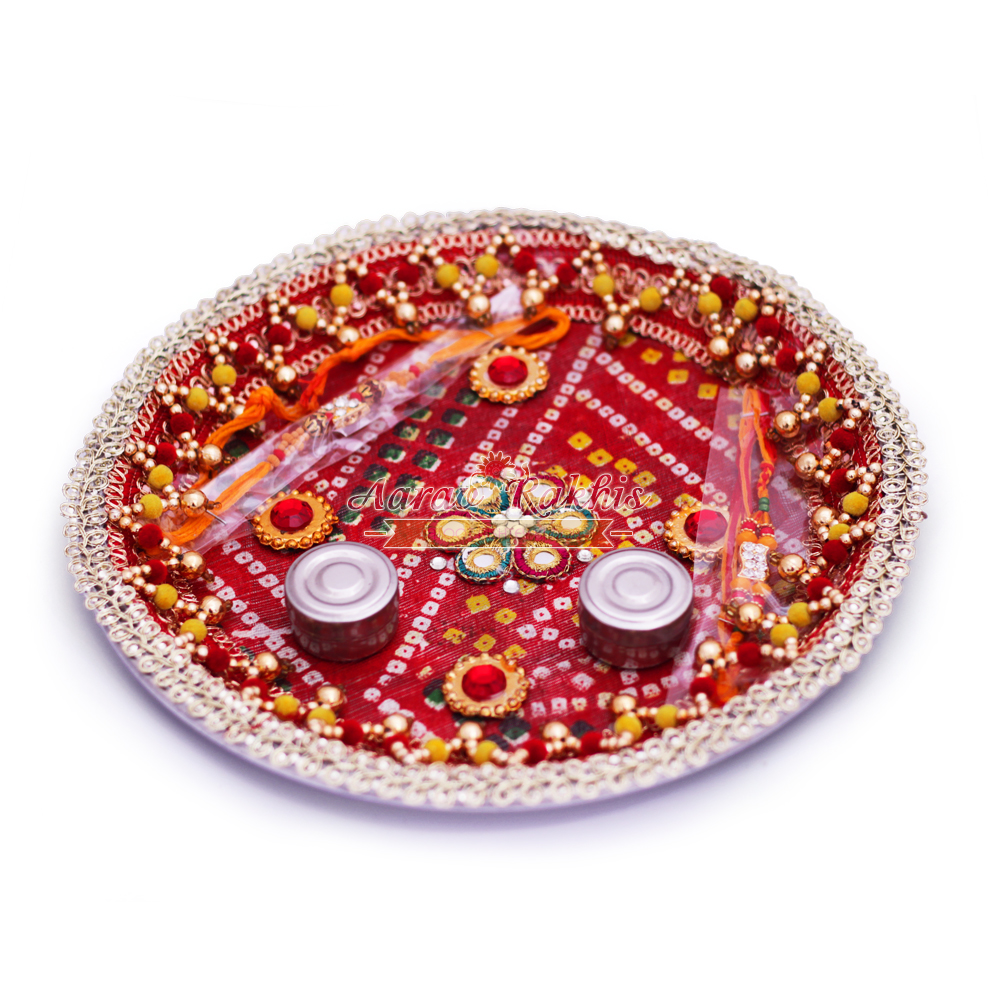 Zari Chundari Print Handicraft Kundan Flower Rakhi Puja Thali | Rakhi ...